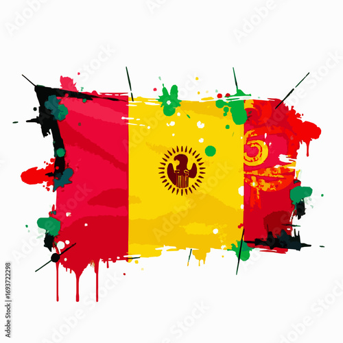 Grunge flag of Kyrgyzstan with paint splatters and drips on white background Keywords: Kyrgyzstan flag, grunge, paint splatter, abstract, distressed, national symbol, patriotic