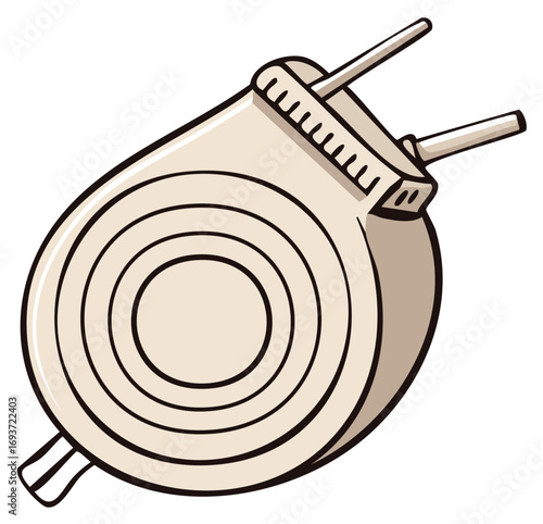 Cartoon measuring tape with beige housing shows winding circles and toothy track