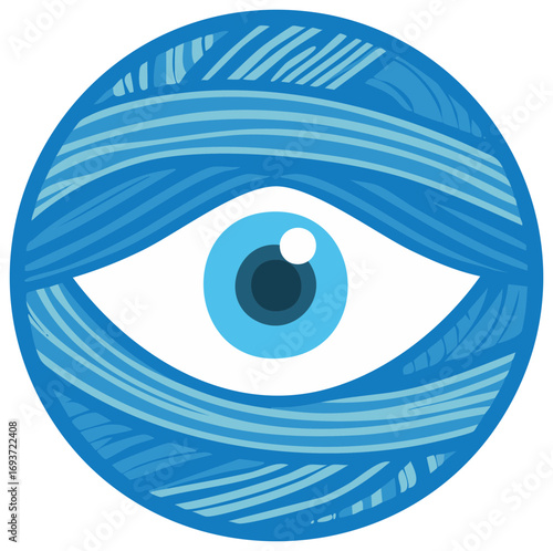 Stylized eye symbol with striated blue outer layer and a simple flat design
