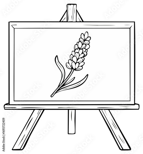 Lavender sprig painting displayed on an easel drawn in black lines for coloring book