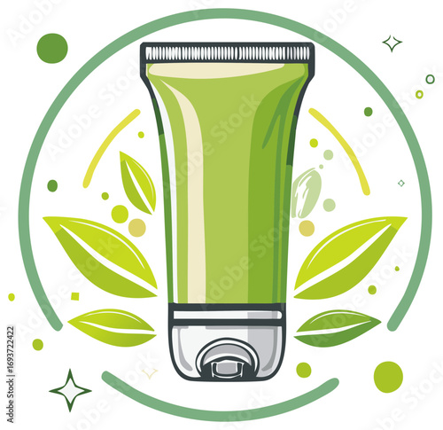Green cosmetic cream tube with natural leaf elements and circular design for beauty