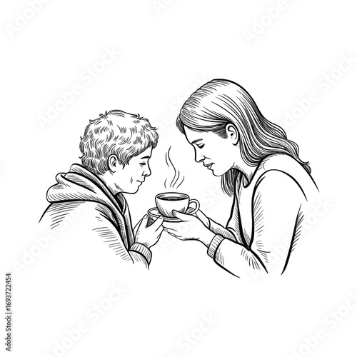 Warm connection mother offering hot drink to child comforting moment sketch style white background