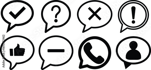 Collection of speech bubble icons with various symbols like checkmark, question mark, cross, exclamation, thumbs up, minus, phone, and user silhouette, isolated on white background
