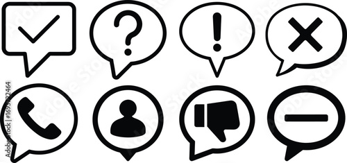 Set of speech bubble icons featuring checkmark, question mark, exclamation, cross, thumbs down, minus, phone, and user silhouette, isolated on white background