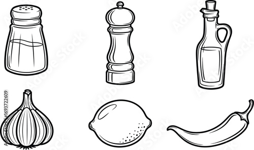 Six black and white illustrations of cooking ingredients, including salt shaker, pepper mill, olive oil bottle, garlic clove, lemon, and chili pepper.