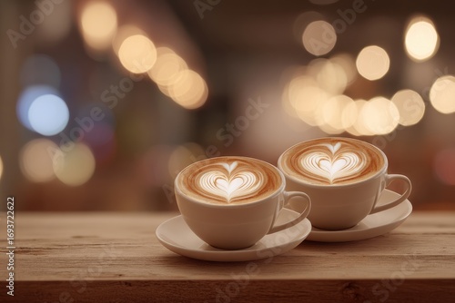 Two cappuccino cups with heart-shaped latte art on a wooden table against a warm bokeh background.