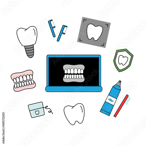 Vector illustration of dental care icons including tooth, implant, dentures, toothbrush, toothpaste, floss, dental X-ray, dental tools, and medical clipboard. 