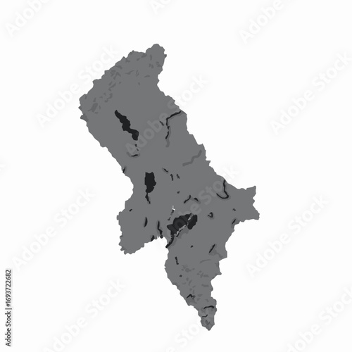 Detailed gray map of a landmass with dark gray lakes and rivers on white geography outline