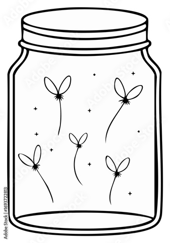 Simple Line Drawing of Fireflies in a Jar with Stars