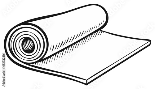 Black and white line art vector illustration of a partially unrolled mat or textile material