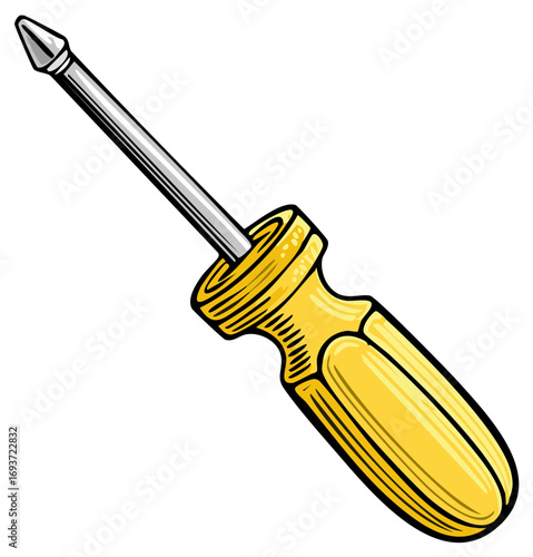 Detailed illustration of a yellow handled screwdriver, a common tool for DIY and home repairs