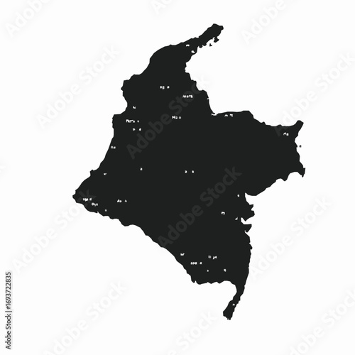 Black silhouette map of Colombia with small white dots representing cities and towns outline country