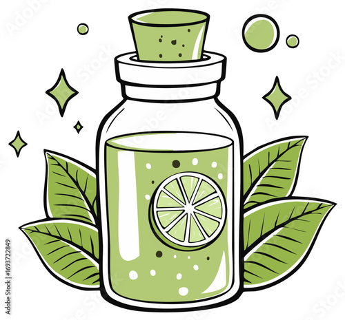 Magic Lime Potion in a Glass Bottle with Leaves and Sparkles Illustration