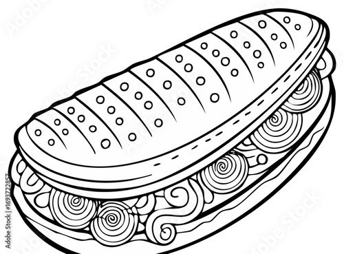 Sandwich Illustration with Circular Meat Topping on Bread Rolls Black and White Sketch