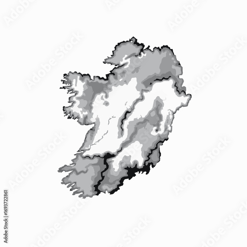 Stylized grayscale topographic map of Ireland with detailed coastline and internal shading topography