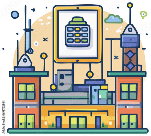 Futuristic smart city with a large calculator screen on a building cartoon illustration