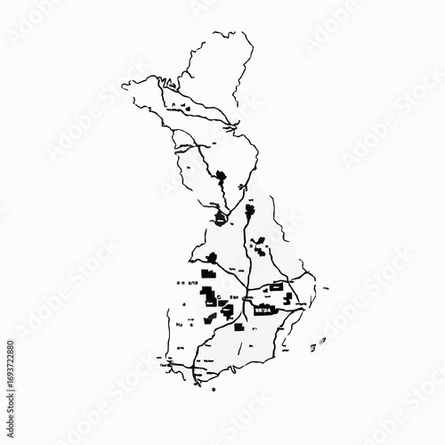 Black and white schematic map of a region with roads cities and towns marked illustration geography