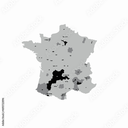 Map of France with shaded regions and city names on a white background Keywords: France map, French geography, European country, political map, administrative divisions, regions