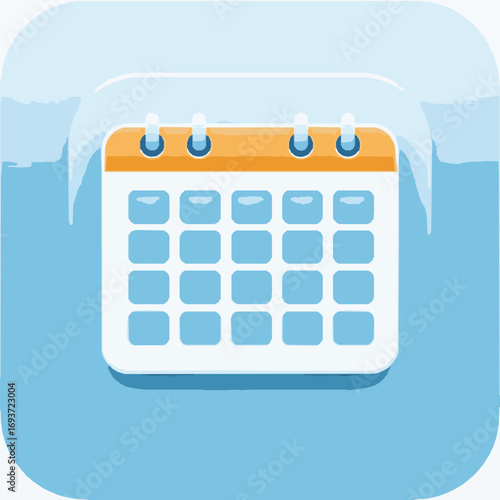 Cartoon style calendar icon with orange top and blue grid on a light blue background date schedule