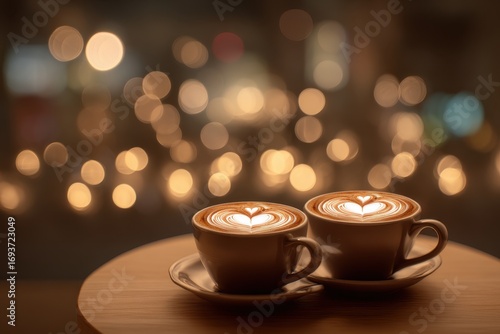 Two Cups of Coffee with Heart-Shaped Latte Art on a Wooden Table with Bokeh Lights