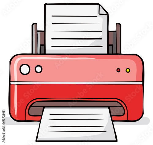 Cartoon illustration of a red office printer actively printing a paper document
