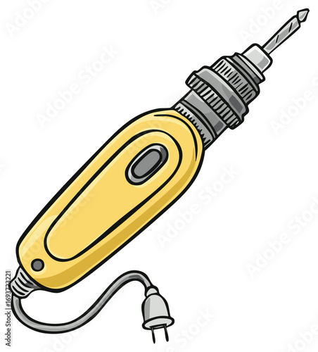 Yellow handheld electric drill illustration with power cord and plug