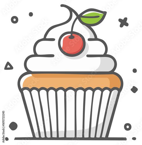 Cartoon Cupcake with Cherry Topping and Creamy Swirls: Sweet Treat Illustration