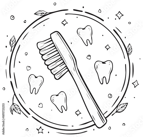 Eco-friendly Toothbrush and Healthy Teeth Illustration in a Clean Circle Frame