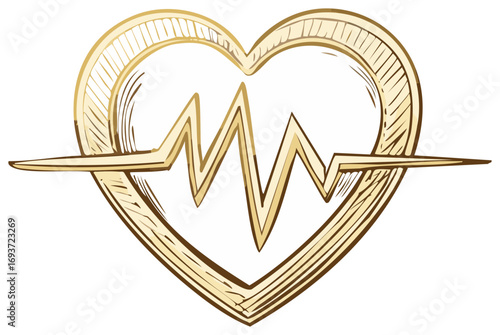 Golden heart shape with electrocardiogram line drawing artistic symbol