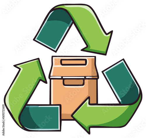 Recycling symbol surrounds cardboard box icon illustration