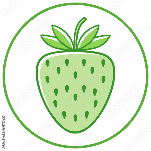 Unripe green strawberry fruit icon. Flat vector illustration of a healthy organic berry in a green circle badge.