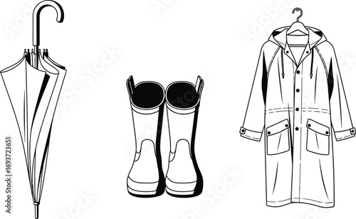 Umbrella, rain boots, and raincoat line art illustration.