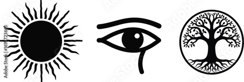 Three symbolic images: sun, eye, and tree of life.