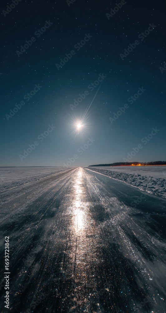 Fototapeta premium Night road on frozen lake under a bright moon