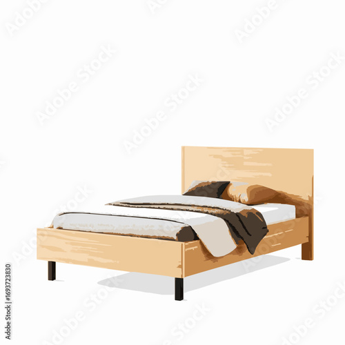 Wooden Bed Frame With Neutral Bedding And Pillows Keywords: bed, wooden bed, bed frame, bedroom, furniture, interior, home, comfort, sleep, rest, mattress, pillow, bedding