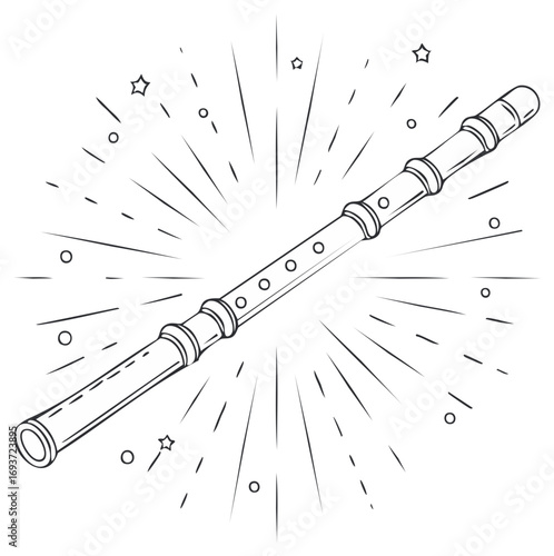 Line art illustration of a classical woodwind instrument, flute with a burst of stars.