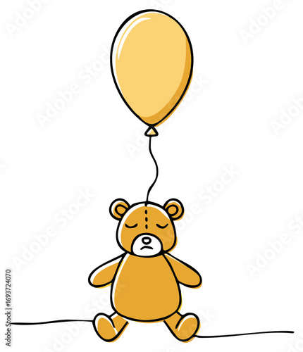 Sad Teddy Bear Holding a Single Yellow Balloon, Childhood Loneliness Concept