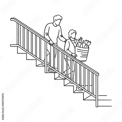 Caring man assists elderly woman down stairs carrying groceries providing helpful support and assistance white background