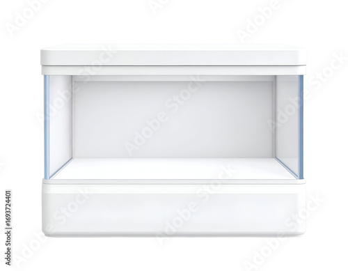 Empty white modern display case with glass sides, isolated on black background