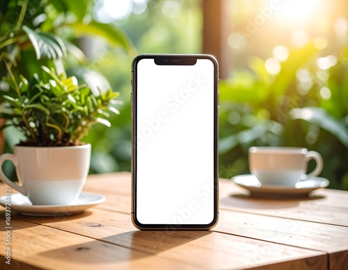 Smartphone on a wooden table, surrounded by plants and coffee cups. Sunlight streams through