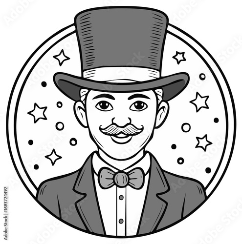 Smiling gentleman wearing a top hat and bow tie surrounded by stars in a badge icon illustration