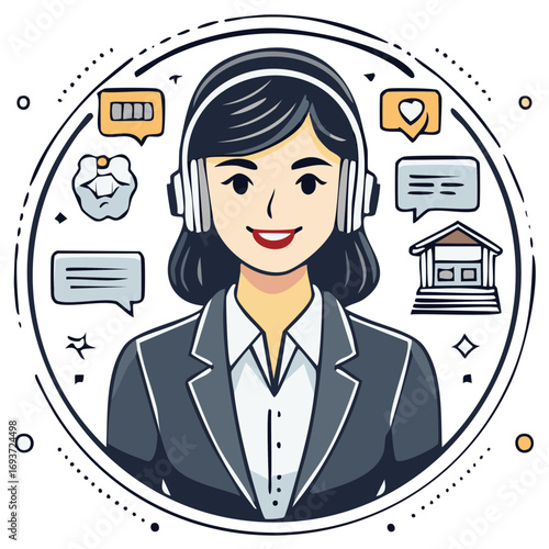 Friendly customer service representative illustration with headset and communication icons