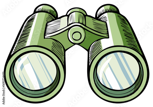 Close up illustration of green binoculars with reflective lenses against a white background