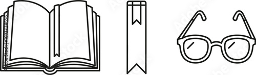 Illustration of an open book, a bookmark, and a pair of glasses.