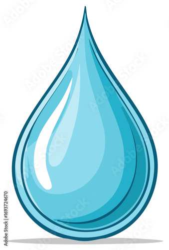 Isolated graphic drop of water with highlights, light blue shades, and shadow effect on the floor