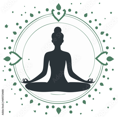 Silhouette of person meditating in lotus pose surrounded by decorative green circle with dots and leaves