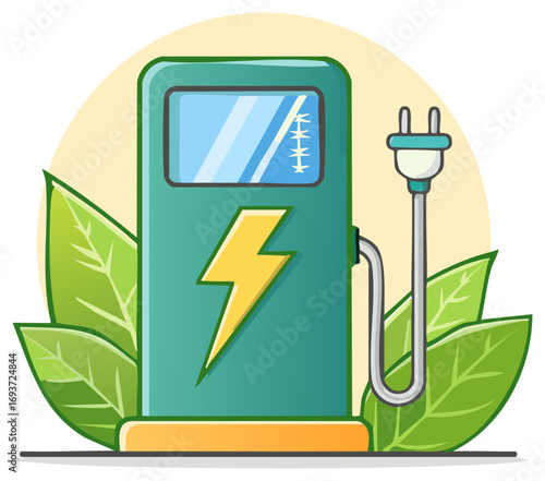Modern Electric Vehicle Charging Station with Green Leaves for Sustainable Energy and Eco Friendly Transportation