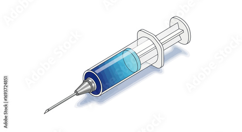 Medical Syringe with Blue Liquid, Isometric View.