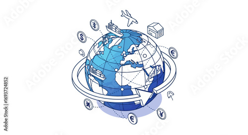Isometric illustration of a blue Earth globe with global travel and logistics icons.