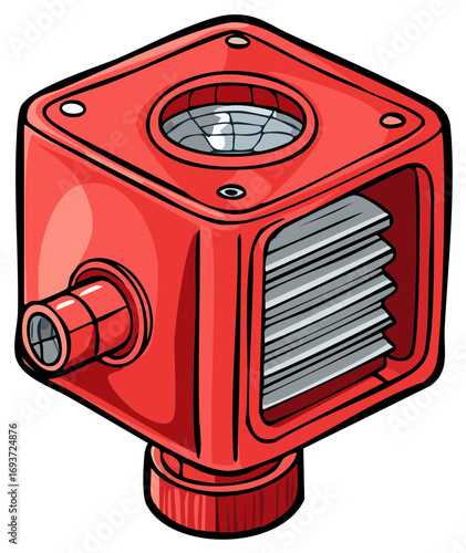 Red cartoon square device features a lens, port and vent isolated on white, offering bold color and unique geometric design